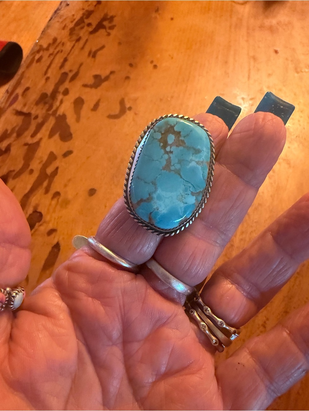 Sz 9.5 Genuine signed & Turquoise Stone Sterling Silver Statement Ring